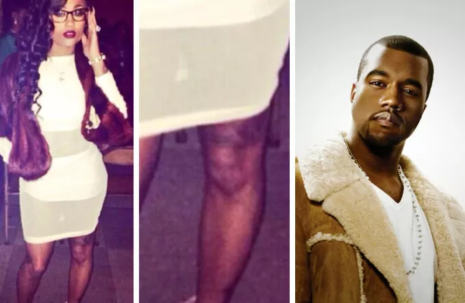 Se Kanye West på kvindes knæ